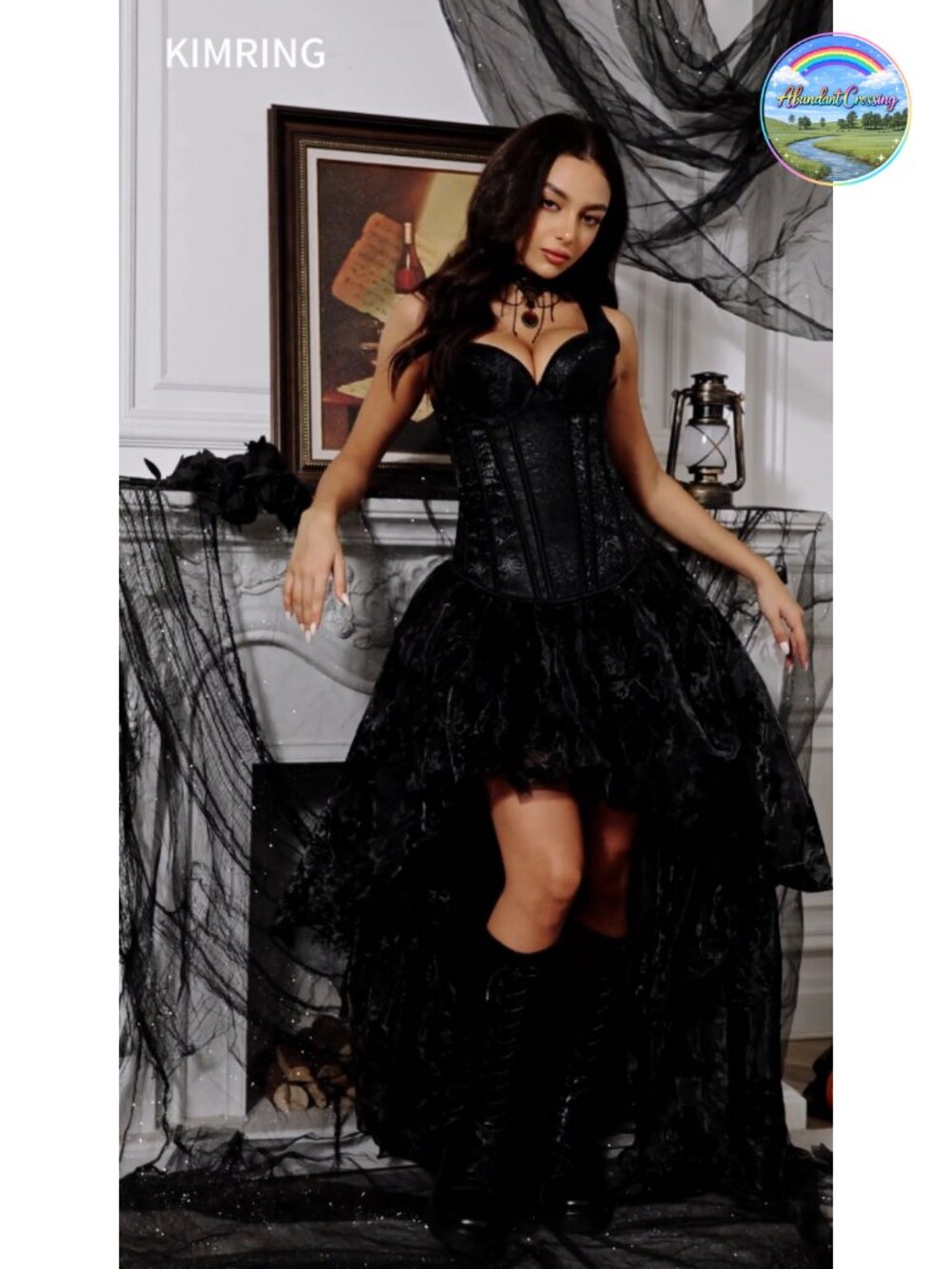 Gothic Jacquard Overbust Corset Bustier Adjustable Lace-Up Back - Picture 5 of 6
